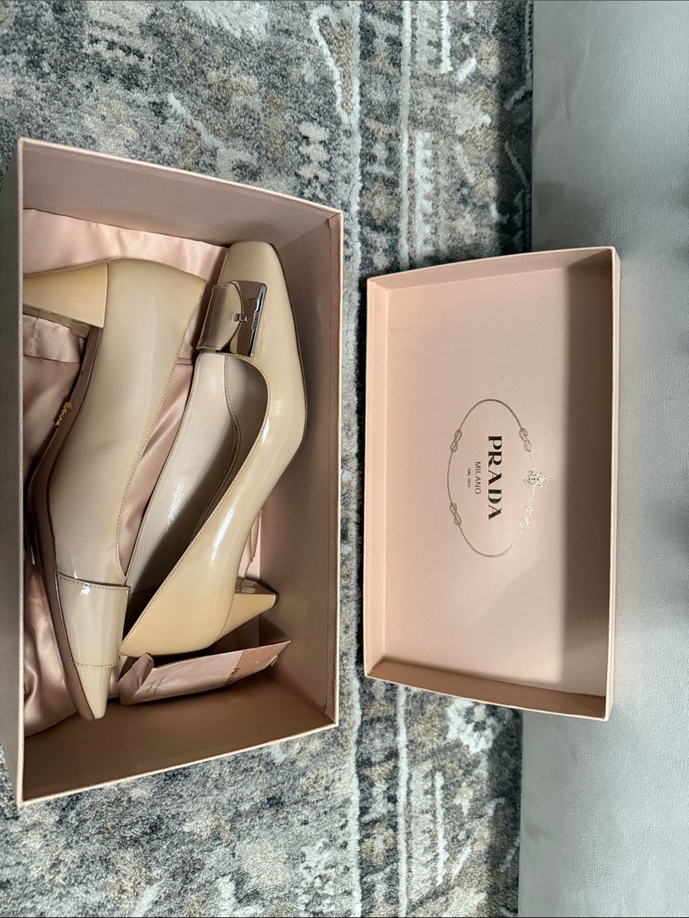 Prada Nude Patent Leather Square-Toe Ballet Heels with Silver Accent - Picture 9 of 10